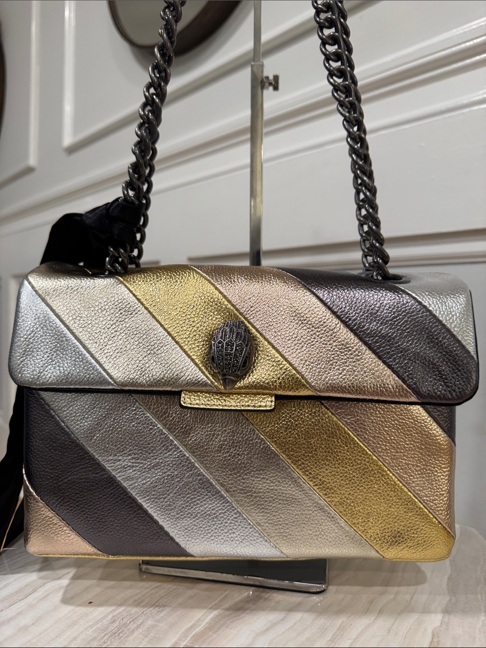 Kurt Geiger Bag Large Kensington Metallic Gold Silver Gray Stripe Shoulder Bag - Picture 4 of 17